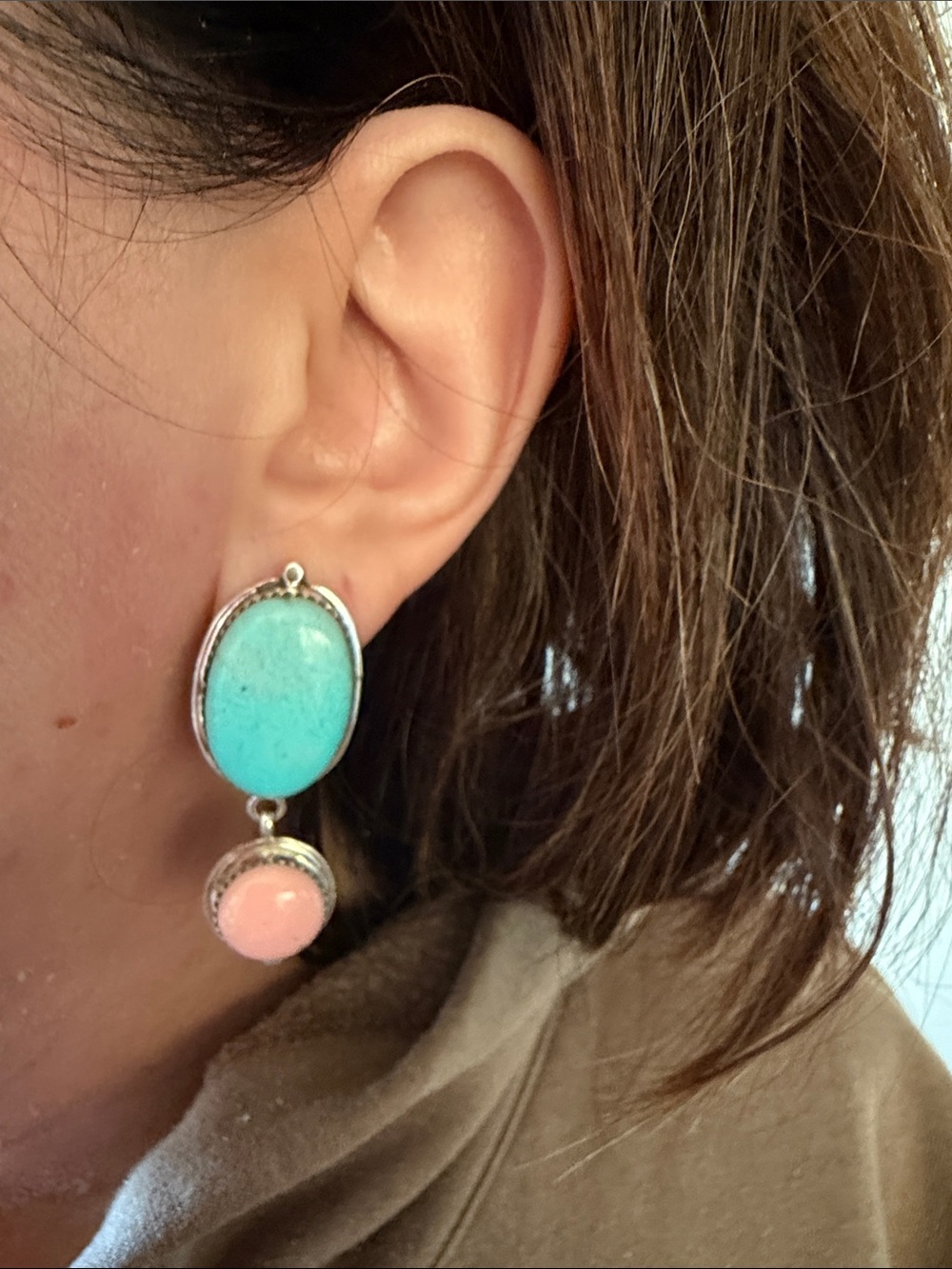 Navajo Turquoise Pink Conch Dangle Earrings